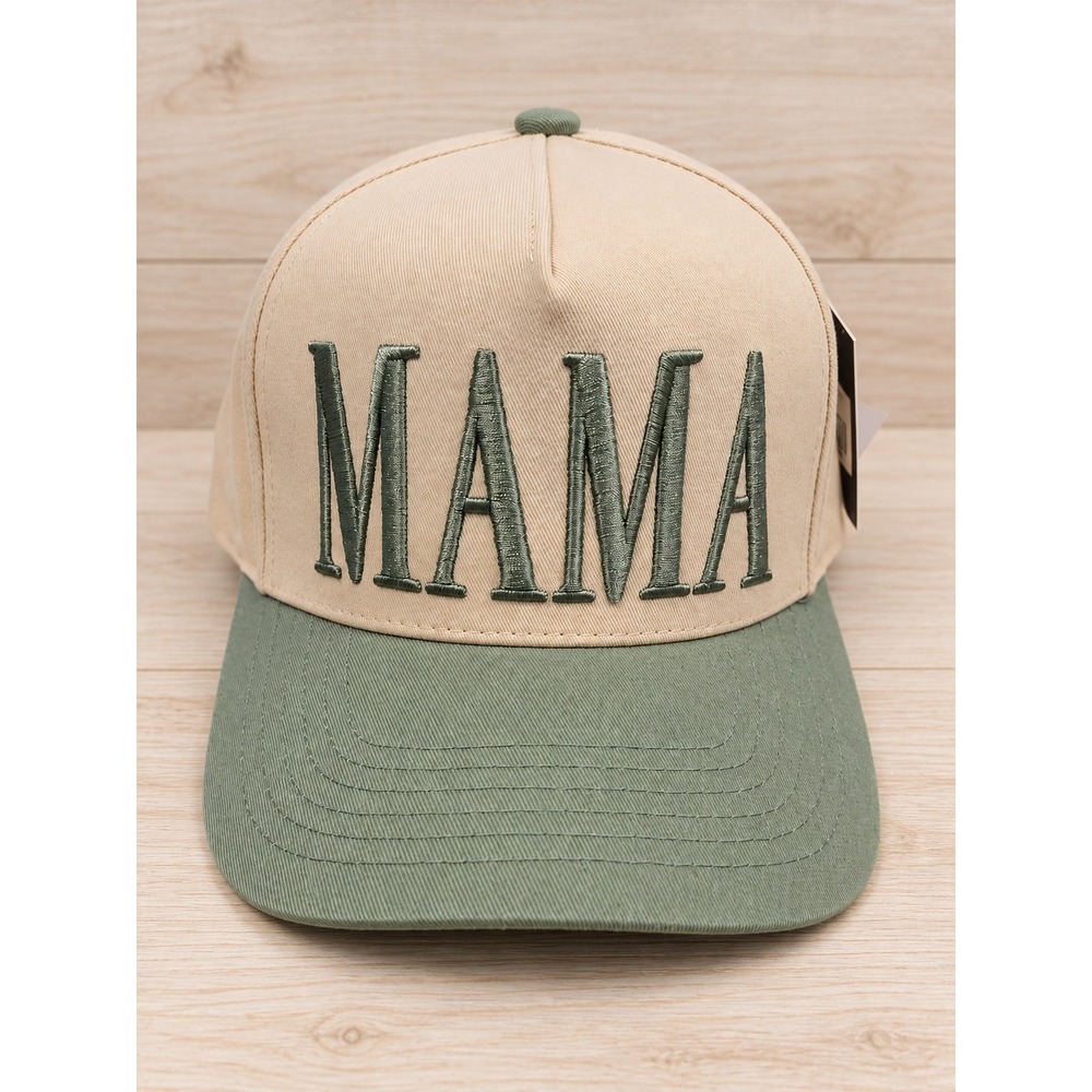 CC Brand Mama Embroidered Baseball Cap Tan Sage Green Snapback Hat NWT